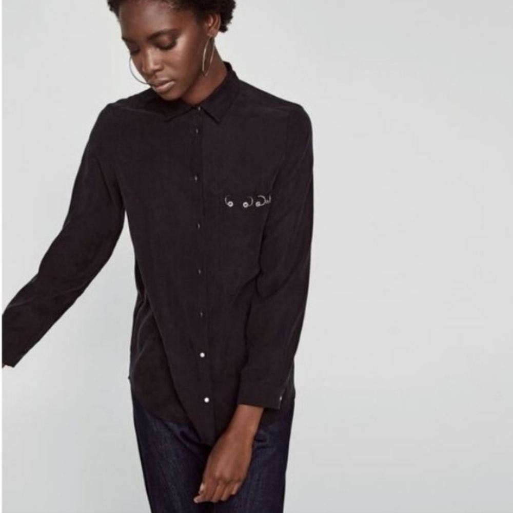 Zara Women's Size M Black Lyocell Ringed Accent Long Sleeve Button Up Shirt Goth